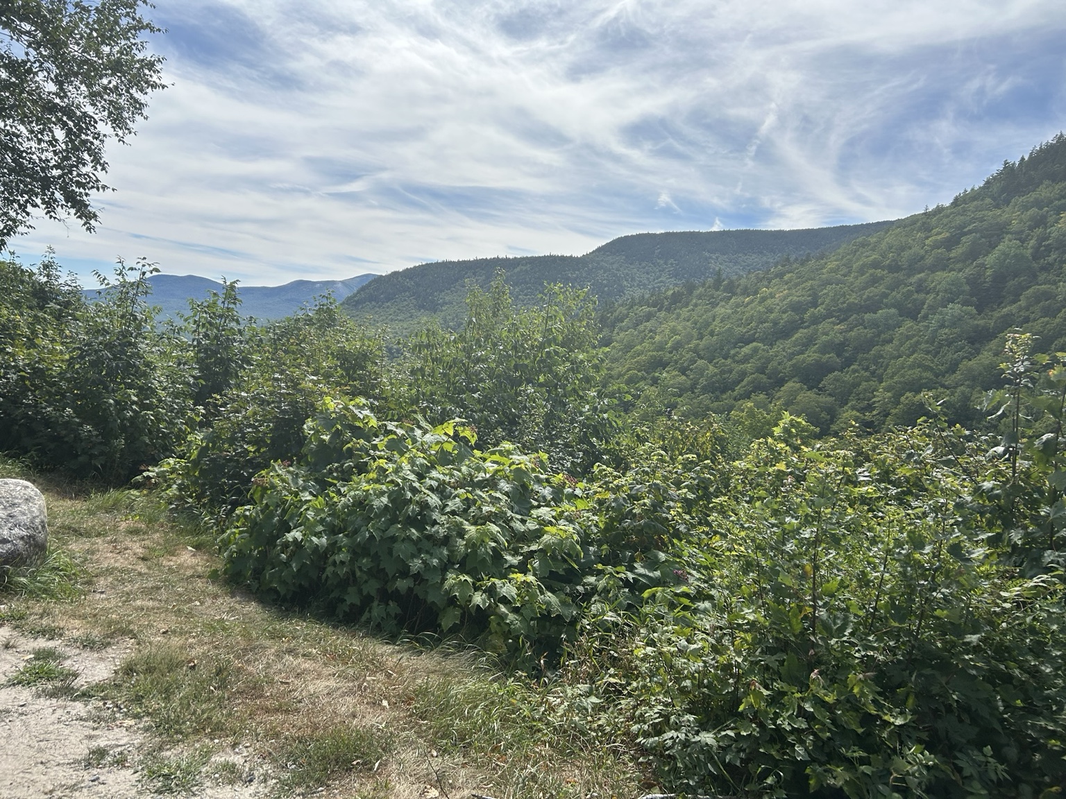 A green mountain valley stretches toward a distant ridgeline beneath a clouded sky.