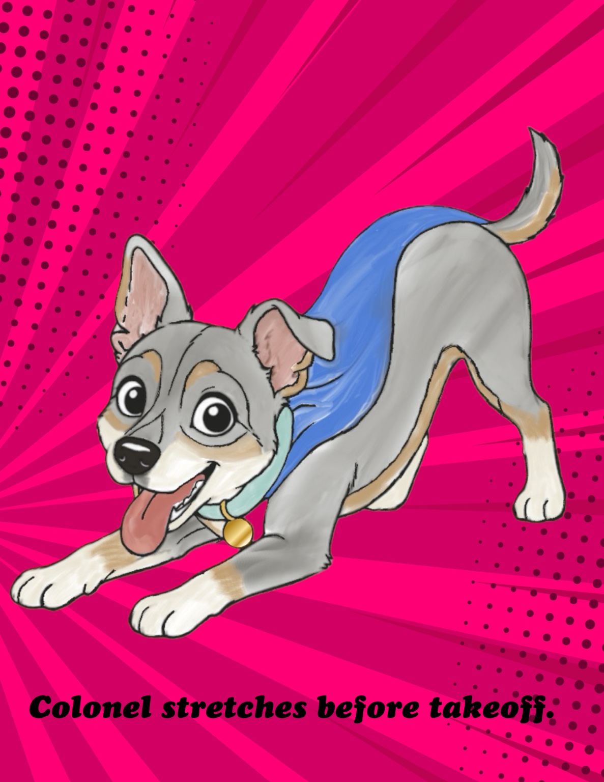 Original Colonel the Knievel illustration: Play bow and stretch
