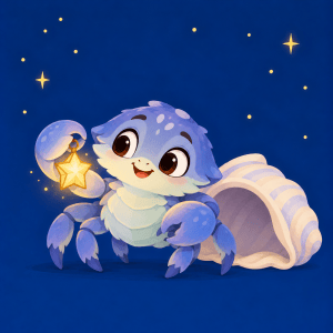 Kai, a friendly blue young crab holding a glowing star lantern beside a shell shelter.