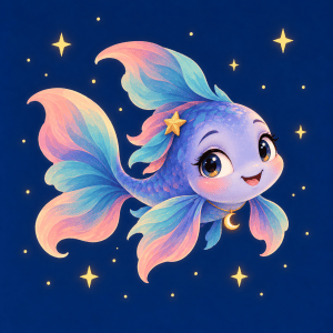Mira, a lavender-blue Pisces fish with flowing teal and rose fins and golden stars against a navy sky.