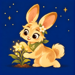 Vera, a cream-and-brown rabbit-like healer kneeling to tend a glowing star-flower.