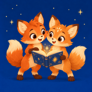 Pippa, a pair of fox-like twin friends sharing a glowing storybook beneath the stars.