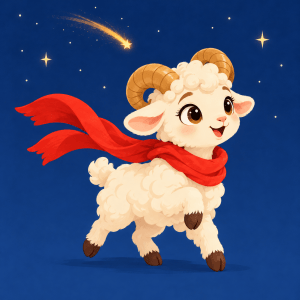 Aria, a small white ram in a red scarf, running beneath stars.