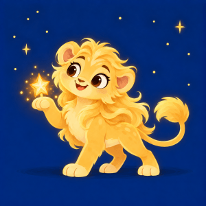 Luma, a confident young blonde-gold lioness with long flowing hair, holding a glowing star.