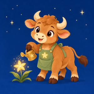Tavi, a gentle young bull wearing a sage-green gardening apron beside a glowing star-flower.