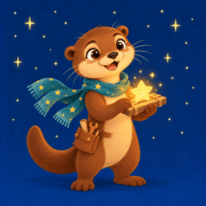 Auri, a friendly brown otter with a teal starry scarf, holding a glowing star over a small raft.