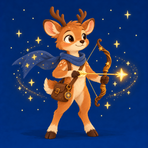 Sage, a friendly young deer with antlers, a blue scarf, and a glowing star-tipped arrow against a navy starry sky.