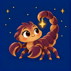 Soren, a friendly purple-and-brown scorpion with a curved tail holding a glowing star lantern.