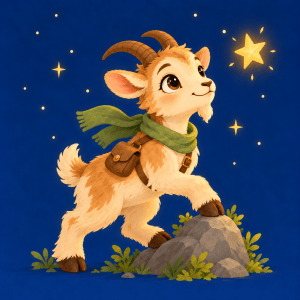 Clio, a cream-and-brown mountain goat with curved horns, a green scarf, climbing toward a golden star against a navy sky.
