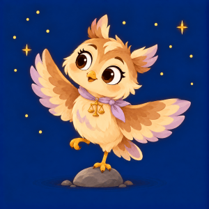 Lina, a cream-and-brown young owl balancing on one foot with a lilac ribbon and gold scales charm.