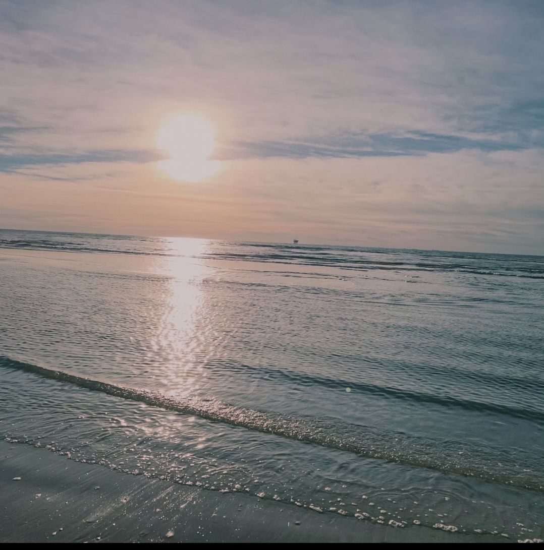 Soft evening light reflects across the shoreline and gentle waves.