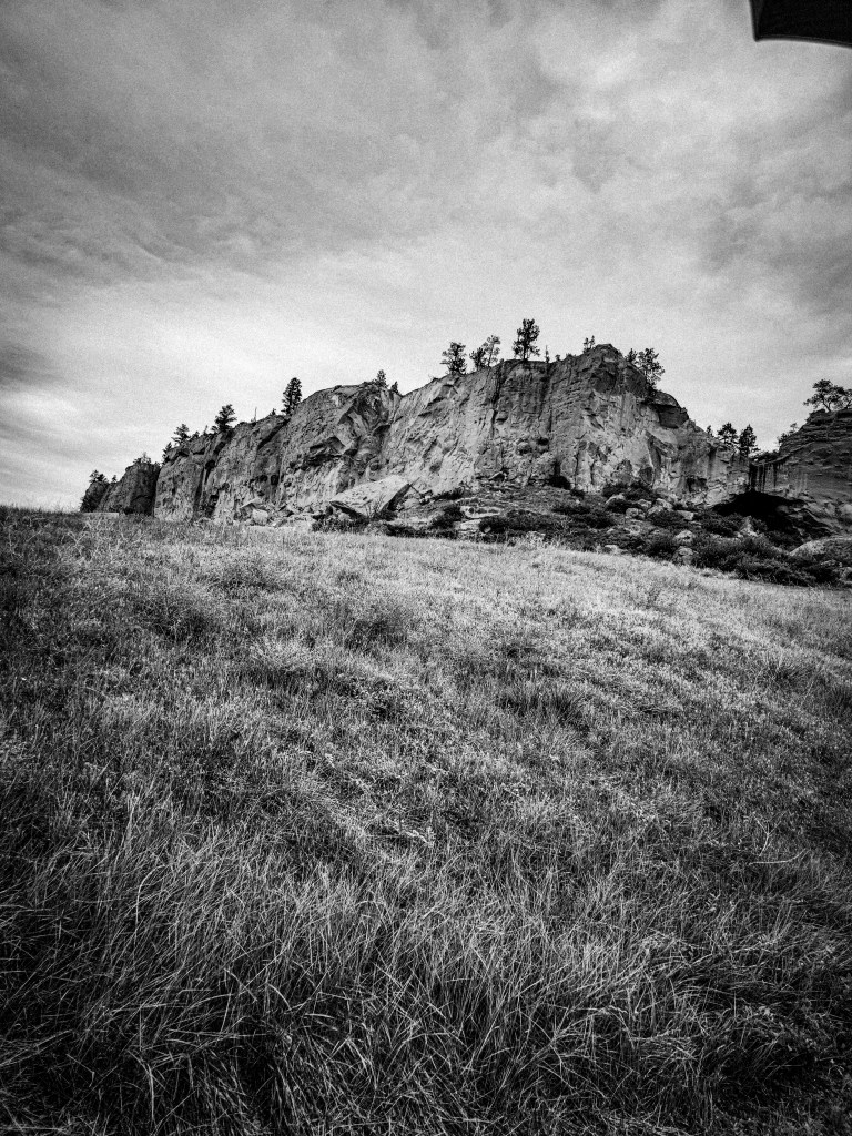 Grasses and rugged cliffs under a textured cloudy sky, photographed in black and white.