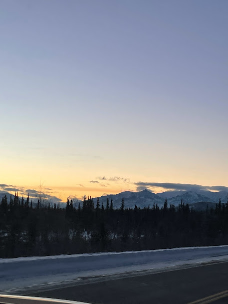 A low winter sunset glows behind a forested mountain range.